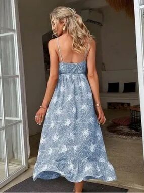 Blue Floral Maxi Dress with Spaghetti Straps
